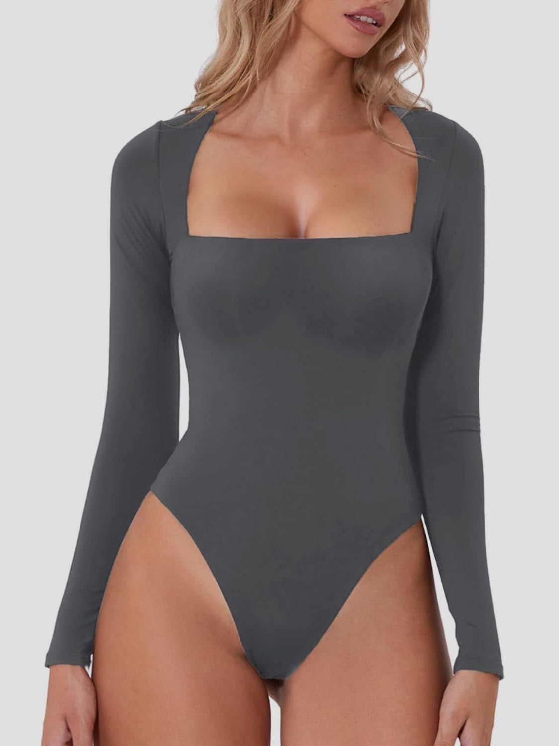Dark Gray long sleeve bodysuit with a square neckline.