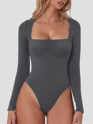 Dark Gray long sleeve bodysuit with a square neckline.
