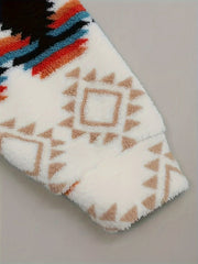 Sherpa zip hoodie in black with Aztec geo-print and tan geometric details.