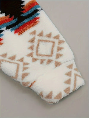 Sherpa zip hoodie in black with Aztec geo-print and tan geometric details.