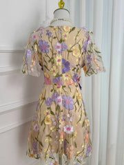 Floral Embroidery V-neck Mini Dress