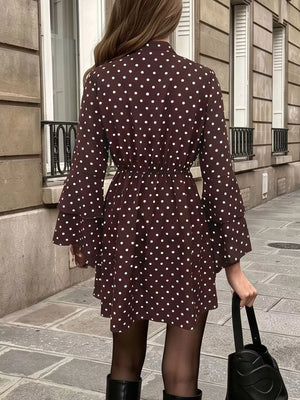 Polka Dot Flare Sleeve Tie Neck Dress in Coffee Brown, model styling view
