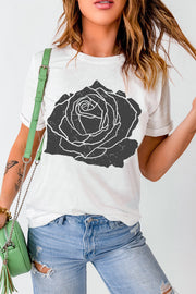 White t-shirt with a distressed charcoal rose graphic print, crew neck, short sleeves.