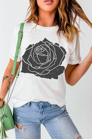 White t-shirt with a distressed charcoal rose graphic print, crew neck, short sleeves.