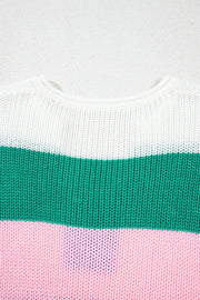 Colorblock knit tee with white, green, and pink stripes and a crew neck.