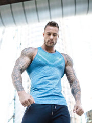 Sky blue performance knit active tank top with chevron detail at neckline