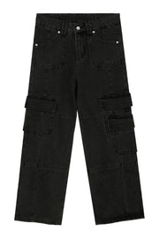 Black washed denim utility cargo pants with multiple pockets.