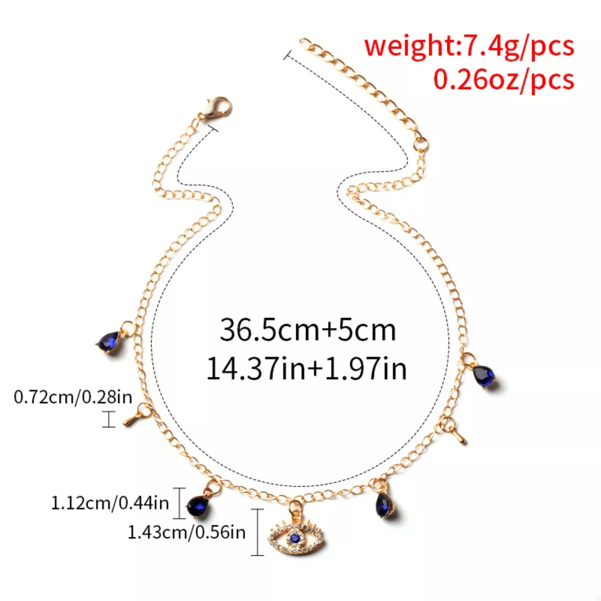 Gold evil eye charm necklace with blue teardrop gems and key charms.