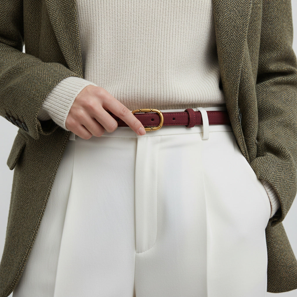 Red cowhide leather belt with golden buckle and subtle texture detail