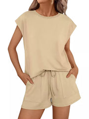 Khaki crew neck two-piece set with drawstring shorts and patch pockets
