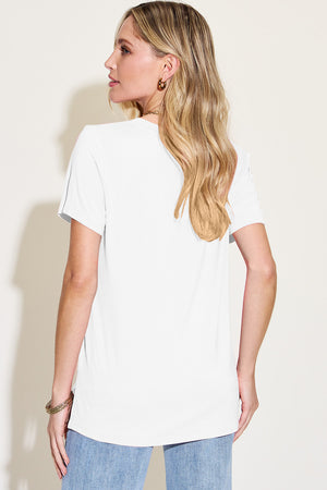 White bamboo V-neck t-shirt with asymmetric hemline and short sleeves.
