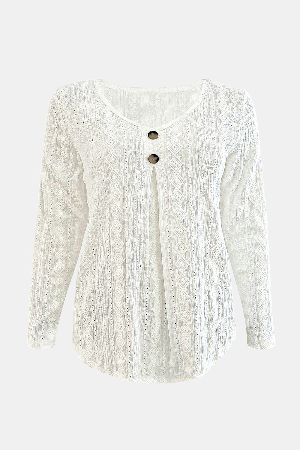 White textured diamond-stitch button-down blouse with long sleeves and a V-neck.