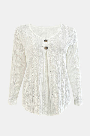 White textured diamond-stitch button-down blouse with long sleeves and a V-neck.
