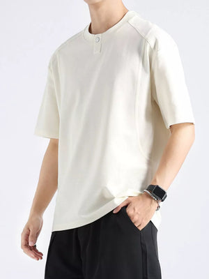 Men's apricot cotton short sleeve tee with button detail at neckline
