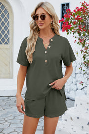 Waffle knit henley short set in dark green with button detail