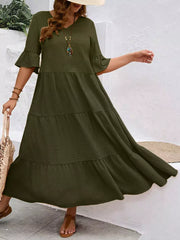Army green crinkled midi dress with ruffle sleeves and tiered skirt