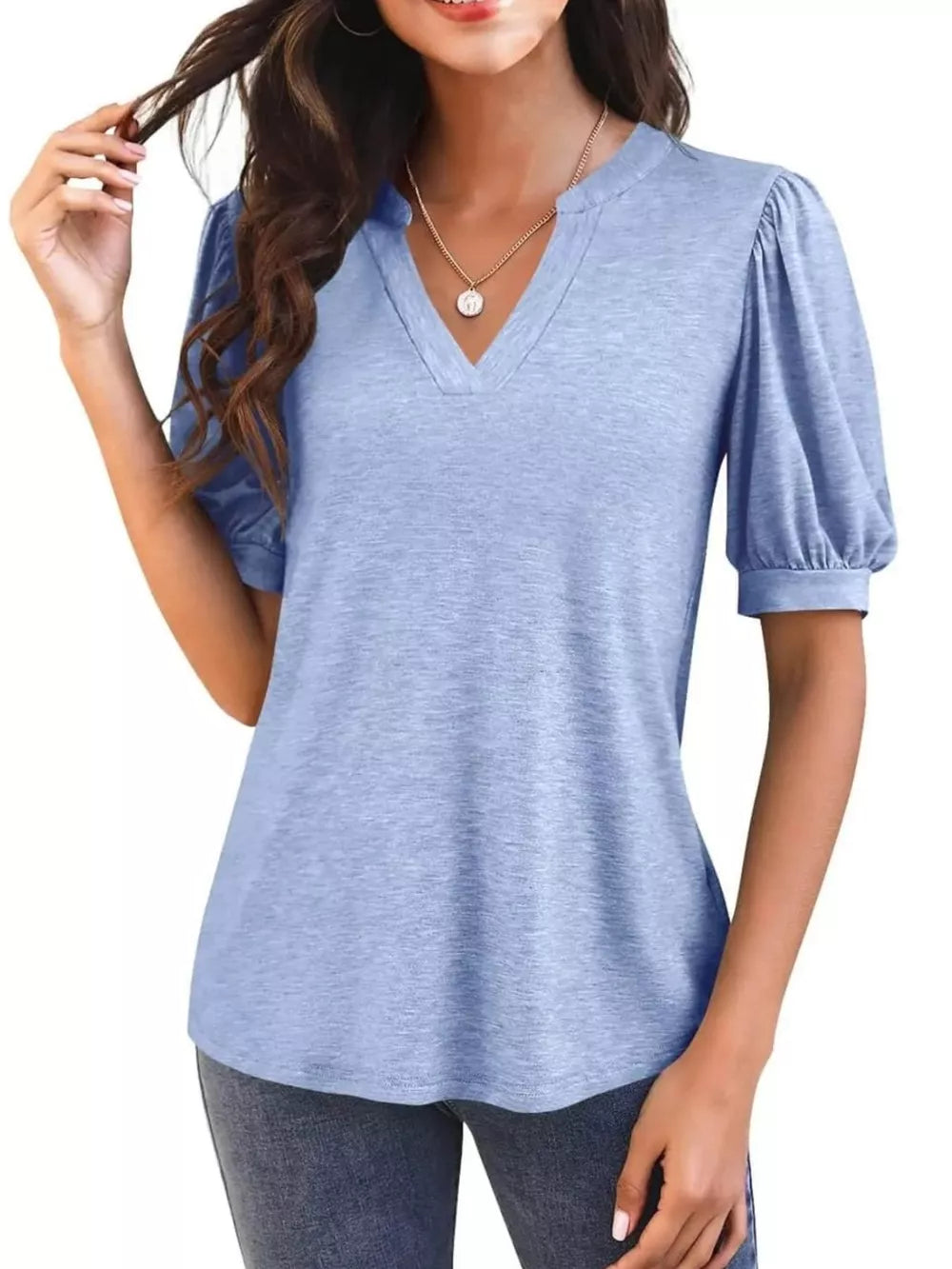 Sky blue t-shirt with puff sleeves and notched V-neck.