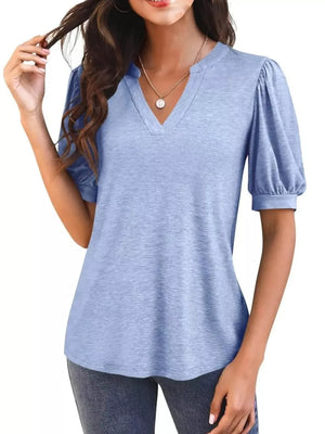 Sky blue t-shirt with puff sleeves and notched V-neck.