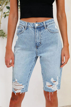 Light wash distressed denim Bermuda shorts with raw hem