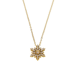 Gold snowflake pendant necklace with clear crystal accents on a delicate chain.