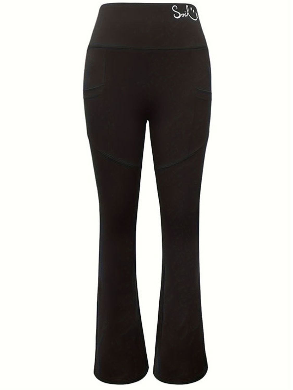 Black bootcut leggings with smile detail on waistband and pocket accents