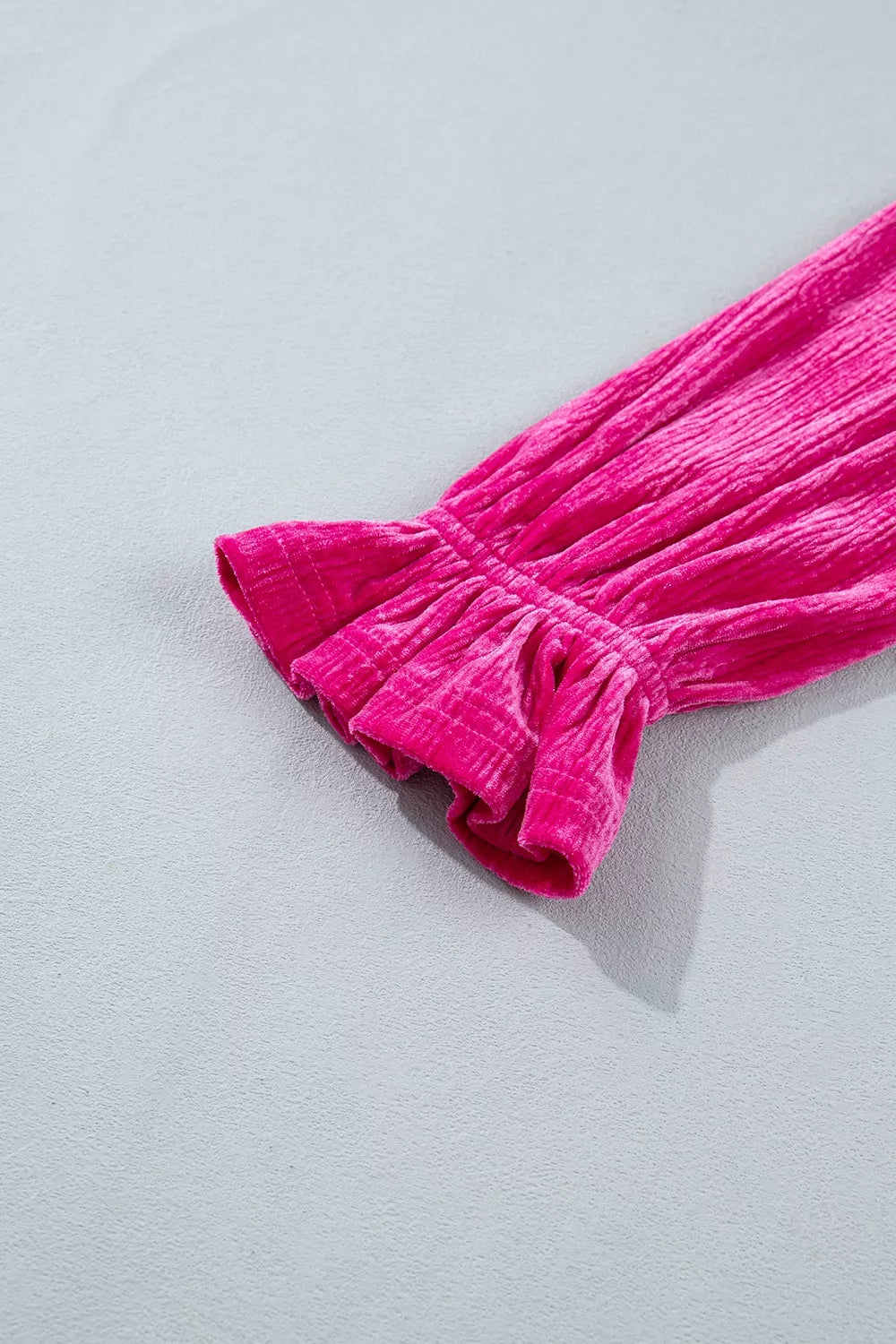 V Neck Velvet Ruffled Cuffs Long Sleeve Top in Hot Pink, fabric detail