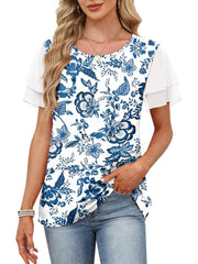 Layered ruffled short sleeve t-shirt with blue floral print and sheer sleeves.