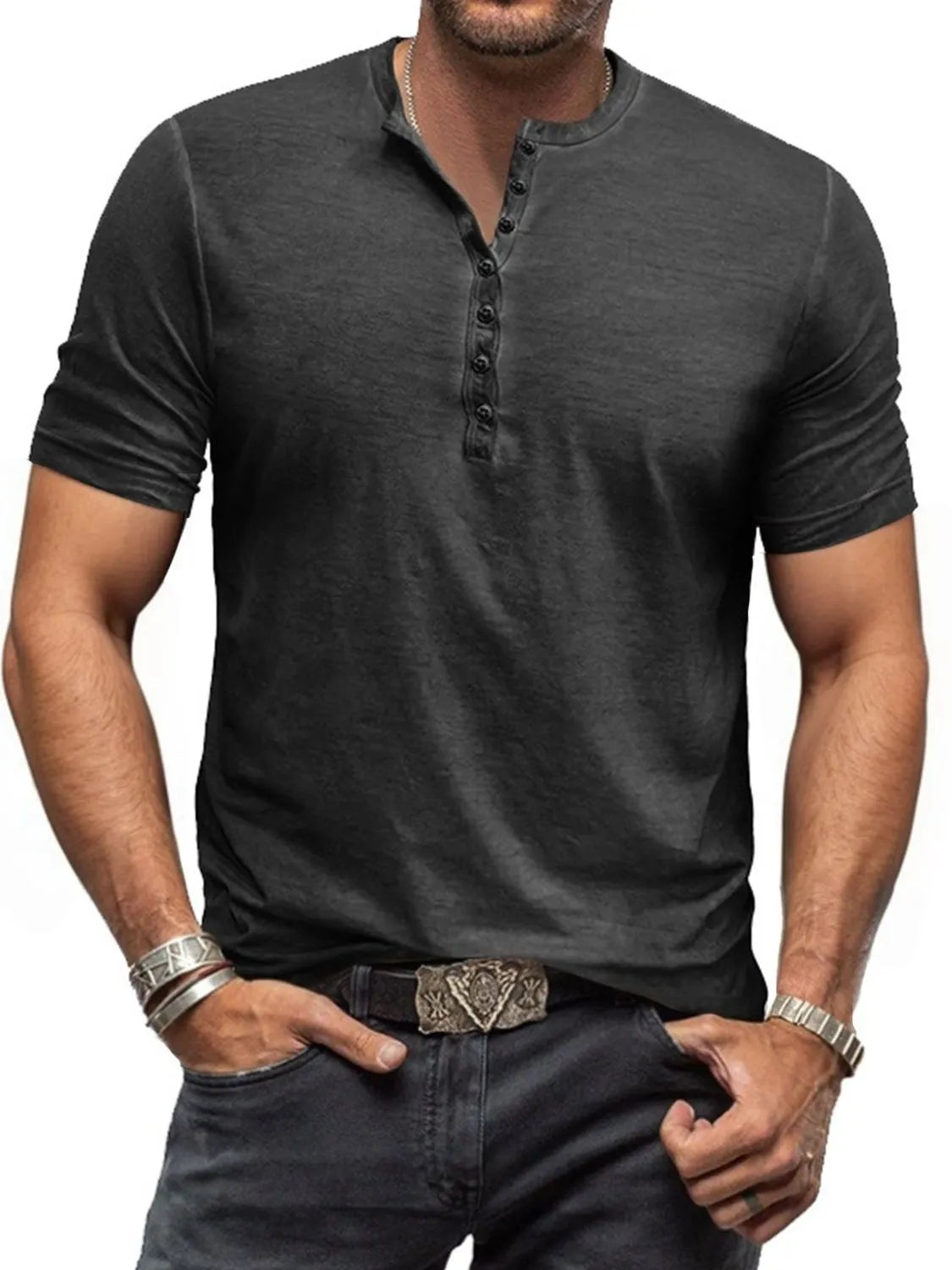 Dark Gray Henley tee with subtle washed finish and buttoned placket.