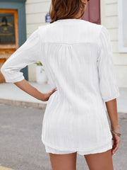 White textured henley short set with 3/4 sleeves and elastic waist shorts.