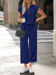 Dark blue notched V-neck top and wide-leg pants set with drawstring waist