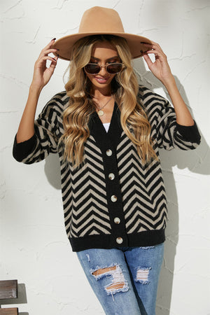 Chevron knit button-down cardigan in black and gray with a V-neck and button front.