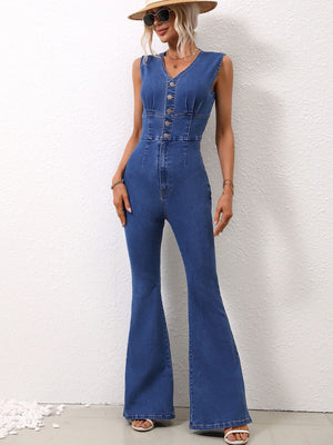 Dark denim buttoned bodice flare leg jumpsuit with V-neck and sleeveless design.