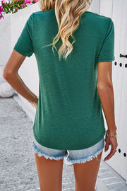 Dark green V-neck tee with short sleeves and a casual fit.