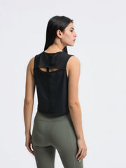 Black cropped active tank with mesh back detail and cutout