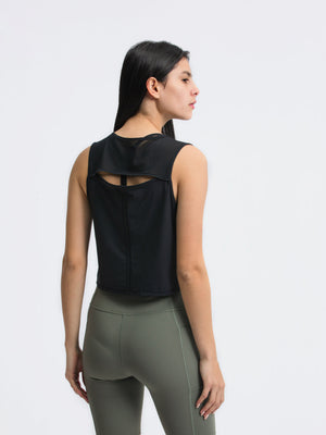 Black cropped active tank with mesh back detail and cutout
