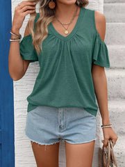Dark green ruched cold shoulder t-shirt with V-neck and flutter sleeves.