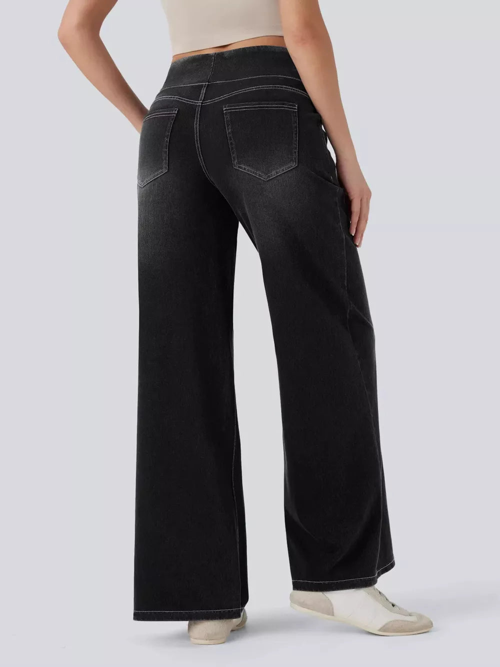 Black maternity wide-leg denim jeans with contrast stitching and a high waist.