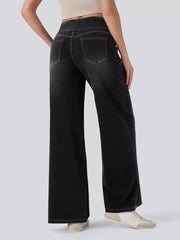 Black maternity wide-leg denim jeans with contrast stitching and a high waist.