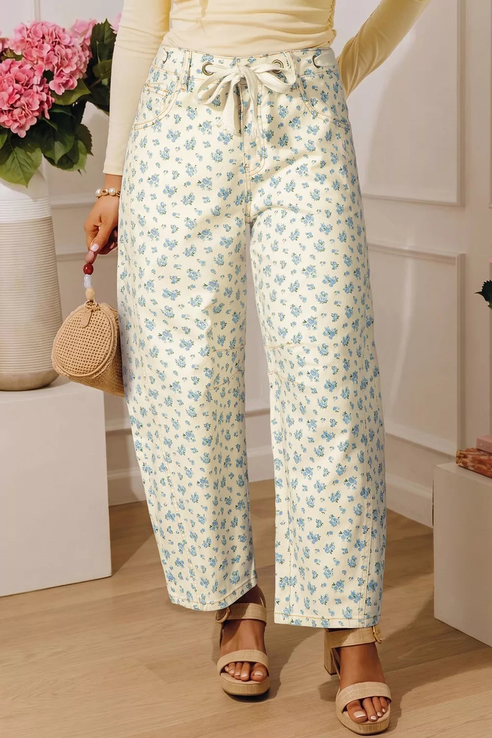Grommet Knot Waist Floral Barrel Leg Jeans, front view