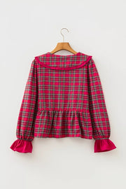 Plaid Tie Neck Ruffle Cuffs Blouse, alternate angle