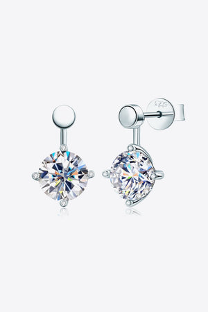 Silver moissanite stud and drop earrings with clear round-cut stones and small accent gems.