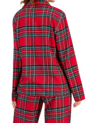 Crimson plaid pajama set with long sleeves and pants, made of 100% polyester.