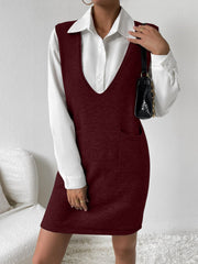 Burgundy knit sleeveless mini dress with V-neck and patch pockets.