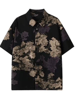 Men's black oversized short sleeve shirt with a muted floral print.