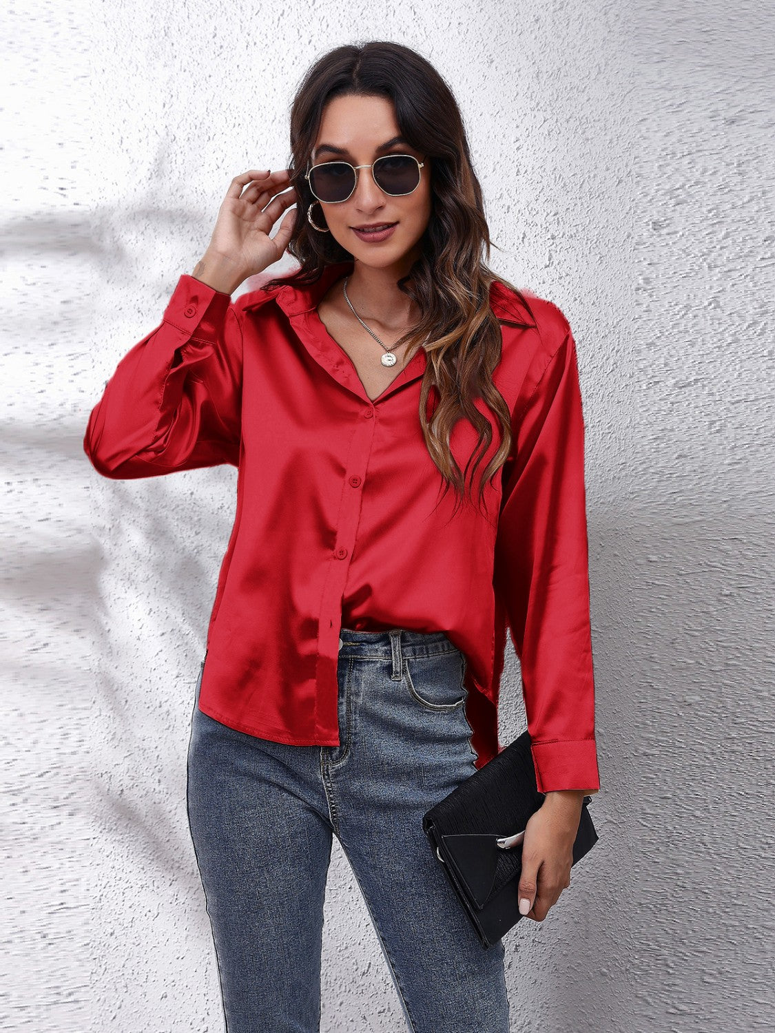 Deep Red satin finish button-up shirt with a relaxed fit, collared neckline, and button-front closure.