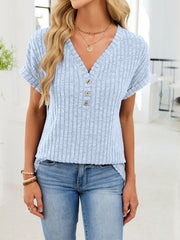Light blue ribbed knit v-neck t-shirt with short sleeves and three button details