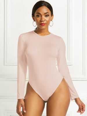 Apricot ribbed long sleeve bodysuit with a crew neck