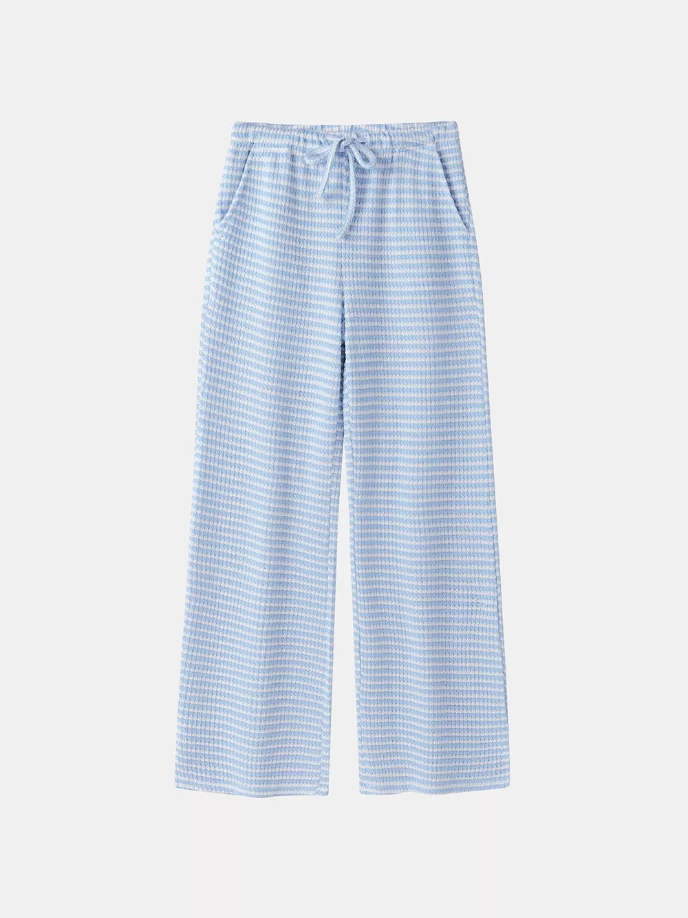 Blue maternity wide leg trousers with a subtle check pattern and drawstring waist.