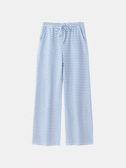 Blue maternity wide leg trousers with a subtle check pattern and drawstring waist.