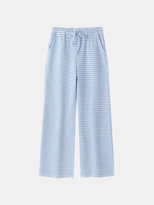 Blue maternity wide leg trousers with a subtle check pattern and drawstring waist.